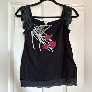 Kenzo crop top with strings and silk black ruffles.